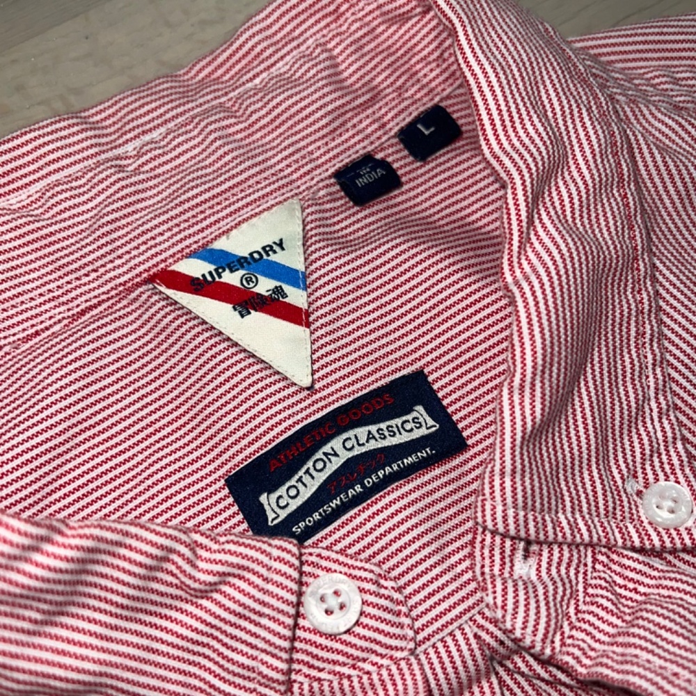 Superdry red striped cotton short sleeve men large button up shirt
